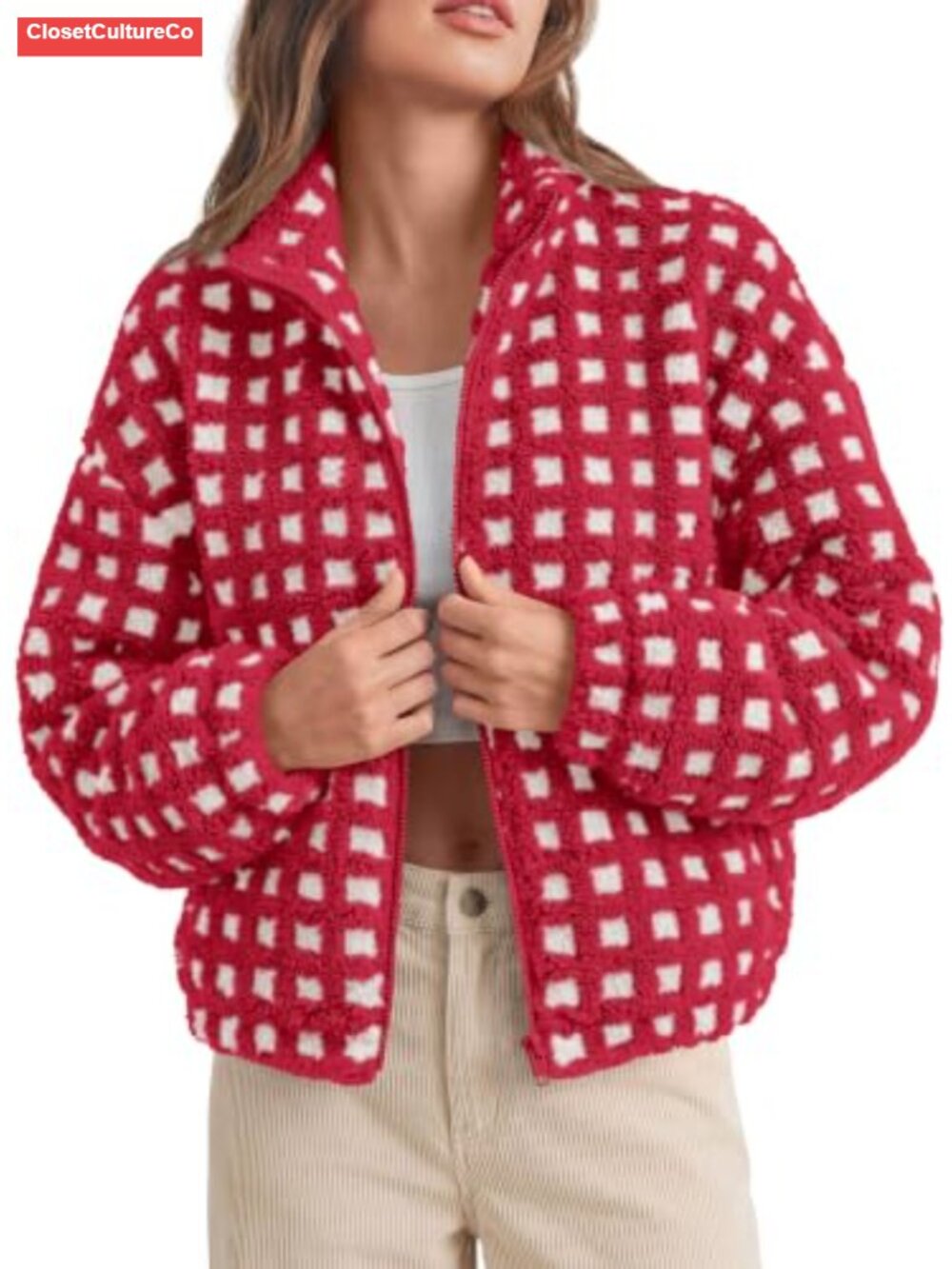 PRETTYGARDEN Women's Gingham Sherpa Fleece Jacket Plaid Cropped Teddy Coat